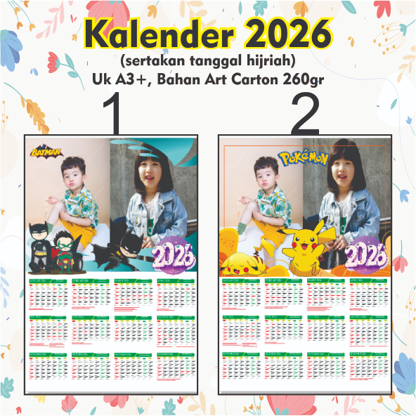 Kalender Tahun 2026 A3+ / Kalender Foto Keluarga / kalender KPOP/BTS/EXO / kalender Kartun / Kalende