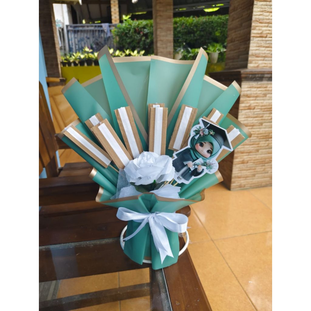 Buket hari wisuda dengan wadah snack/coklat/fhoto/kopi tinggal tempel praktis