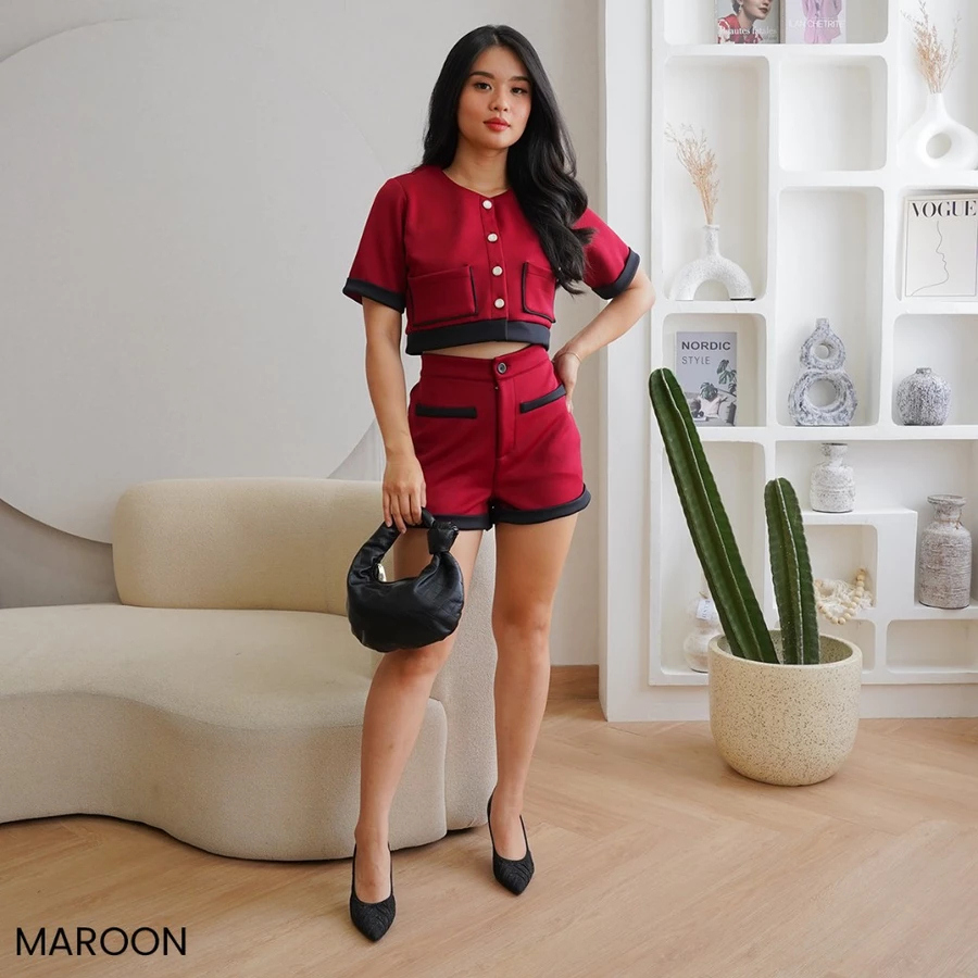 SUNNY CROP SET WANITA - SATU SET ATASAN CROP DAN CELANA PENDEK KOREA STYLE