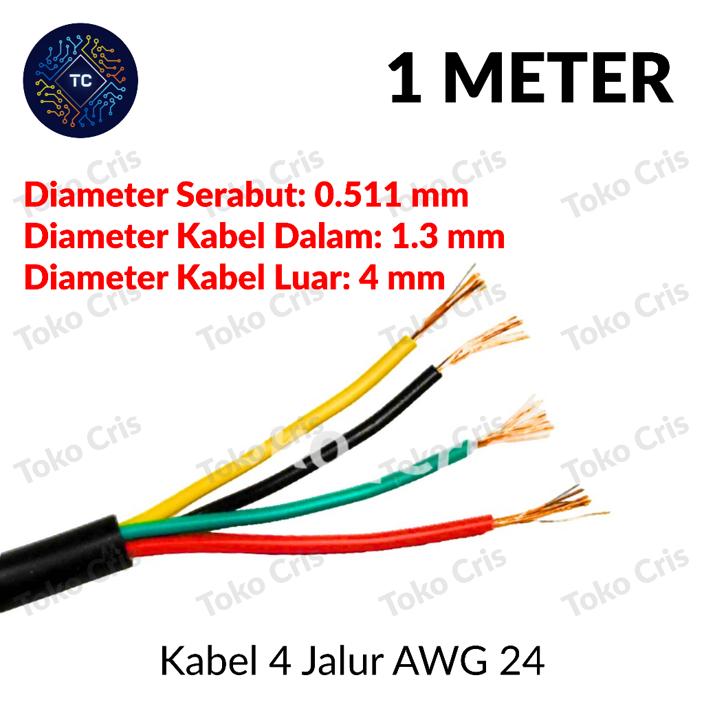 Kabel 4 Jalur AWG 24 + Selongsong / Kabel 4C / Kabel Bulat 4 Warna