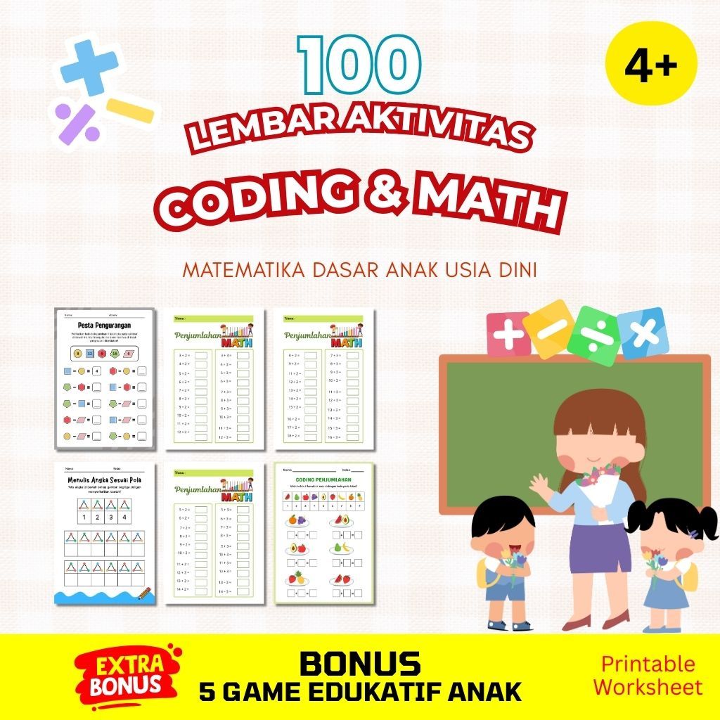 Worksheet Coding & Math 100 Lembar PAUD TK — Latihan Logika & Matematika Dasar untuk Anak Usia Dini