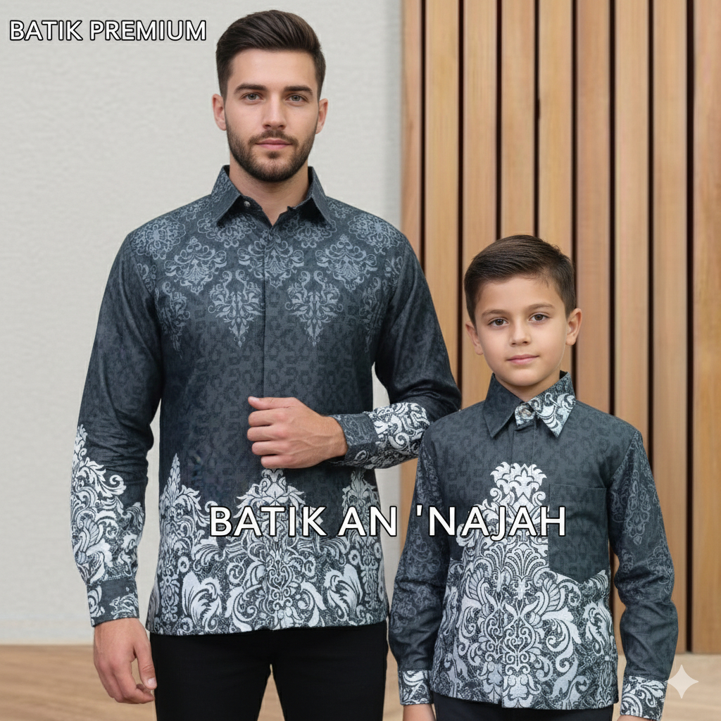 Kemeja Batik Dobby Couple Ayah Anak Premium Warna Abu Abu Mewah