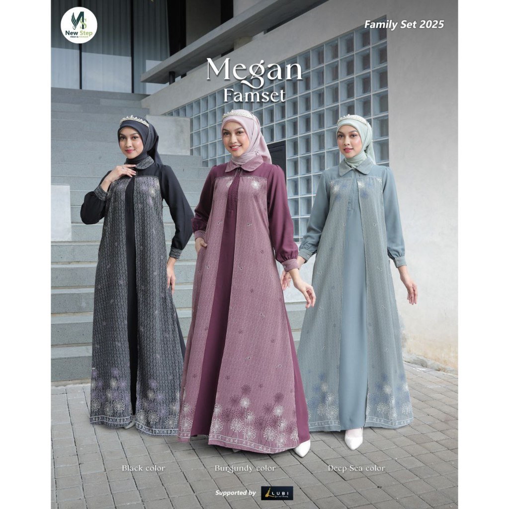GAMIS MEGAN DRESS WANITA BY NEW STEP LUBI VARIASI LAYER OUTER MOTIF MEWAH WARNA BLACK BURGUNDY HITAM