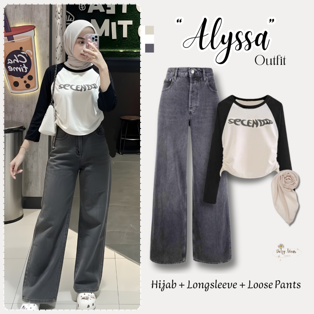 Outfit Wanita 3in1 | Longsleeve Eloise Rib Hitam Putih + Kulot Jeans Snowblack + Hijab Bella Square 