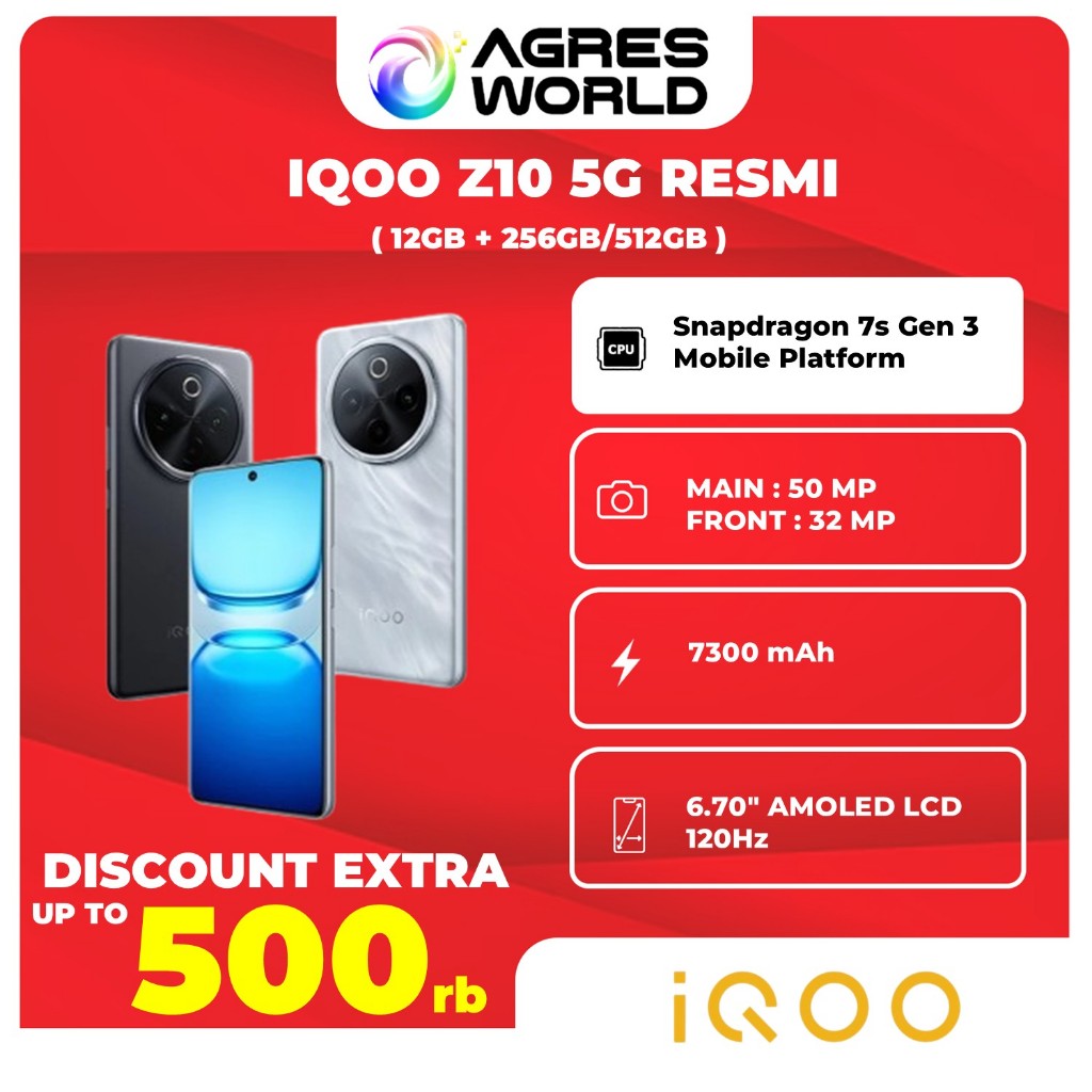 iQOO Z10 5G 12/256GB | 12/512GB Snapdragon 7s Gen 3,7300mAh + 90Watt50MP Sony IMX + OIS,120Hz Quad-C