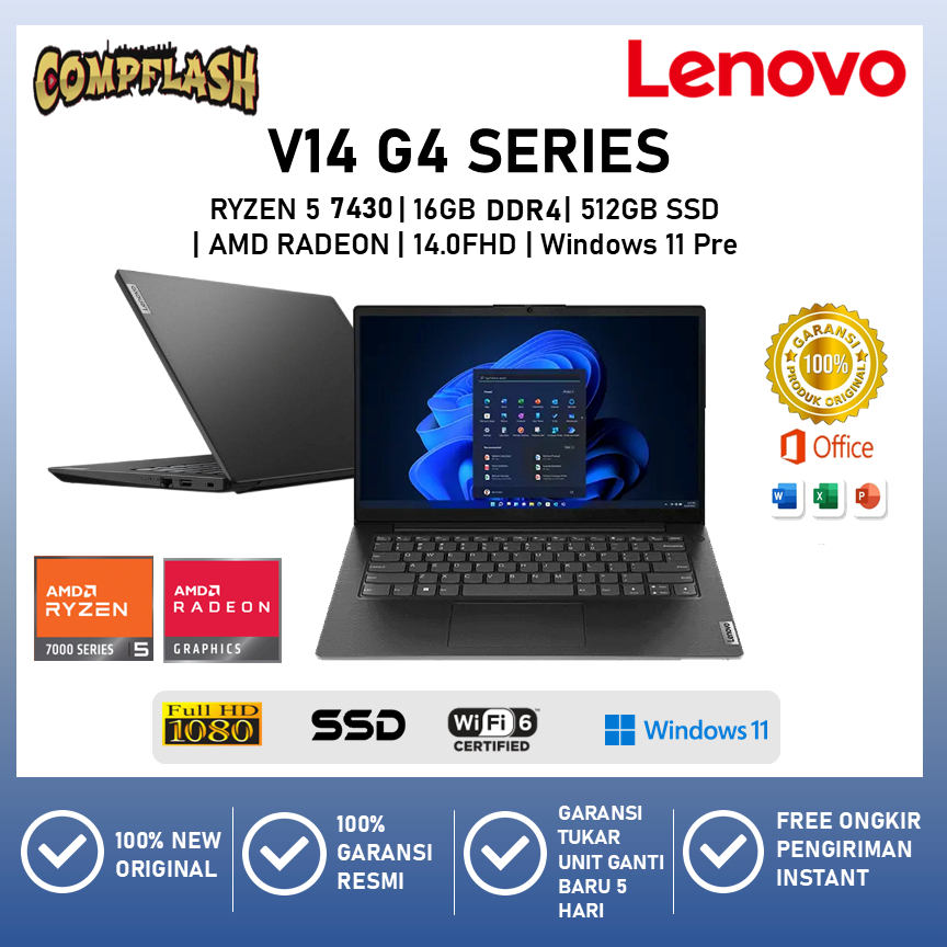 LAPTOP LENOVO V14 G4 RYZEN 5 7430 RAM 16GB 512GB SSD WINDOWS 11 14.0FHD
