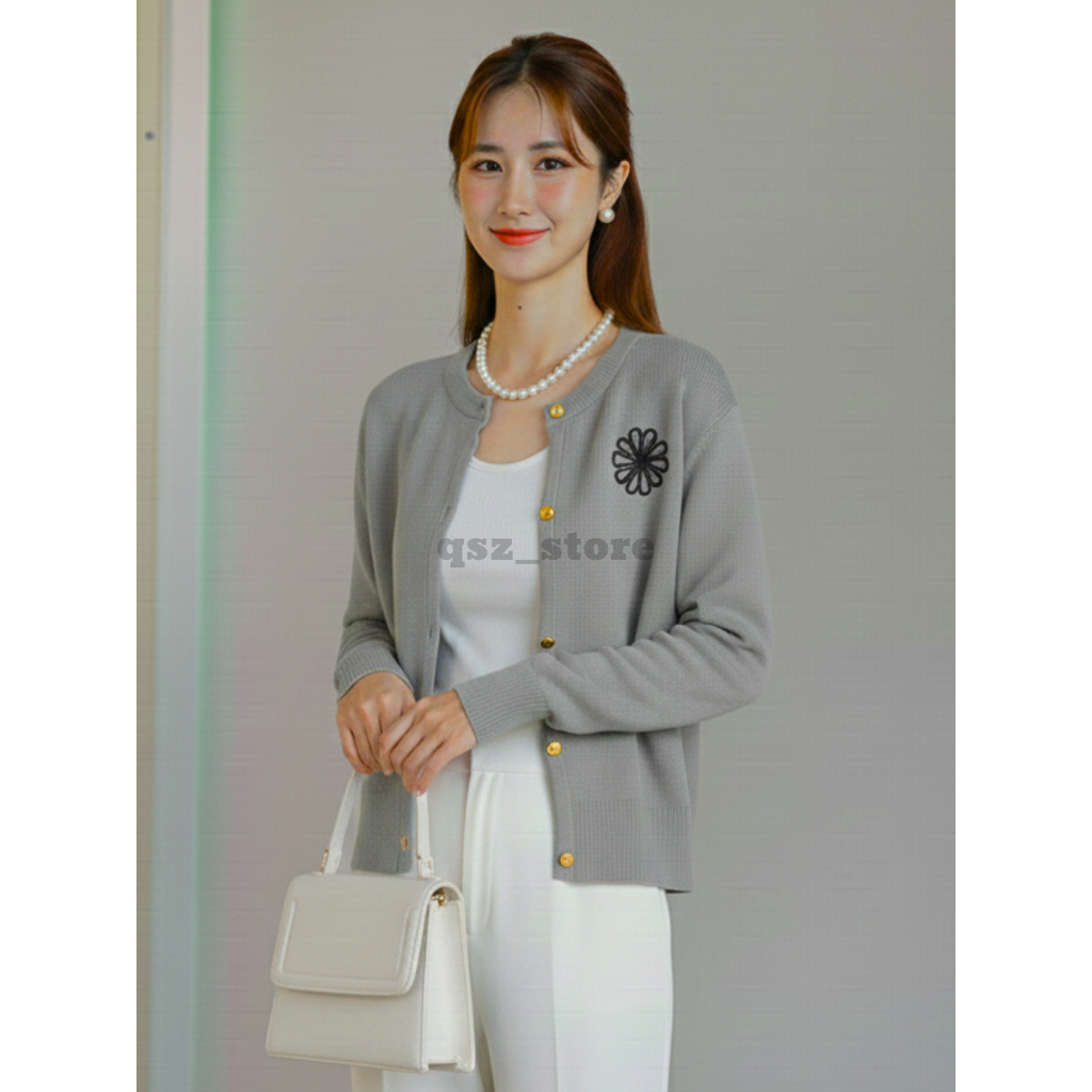 Cardigan Rajut Polos Motif Bunga Kecil Wanita Lengan Panjang Kancing Emas Korean Style