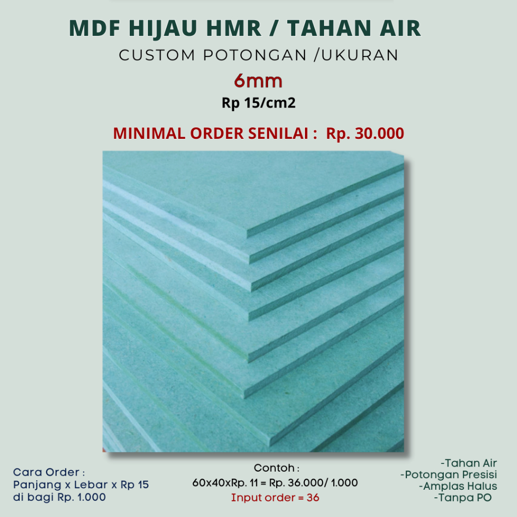 MDF Hijau / HMR Hijau 6mm Custom Potongan Tahan Air  murah