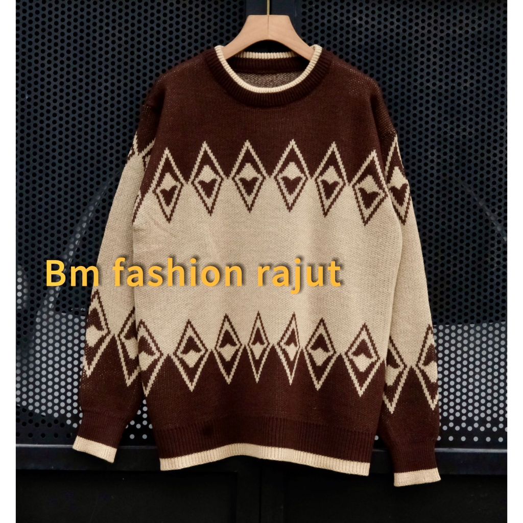 colorbox Sweater Rajut Motif Ketupat  vintage Kerah Bulat Wanita Korea