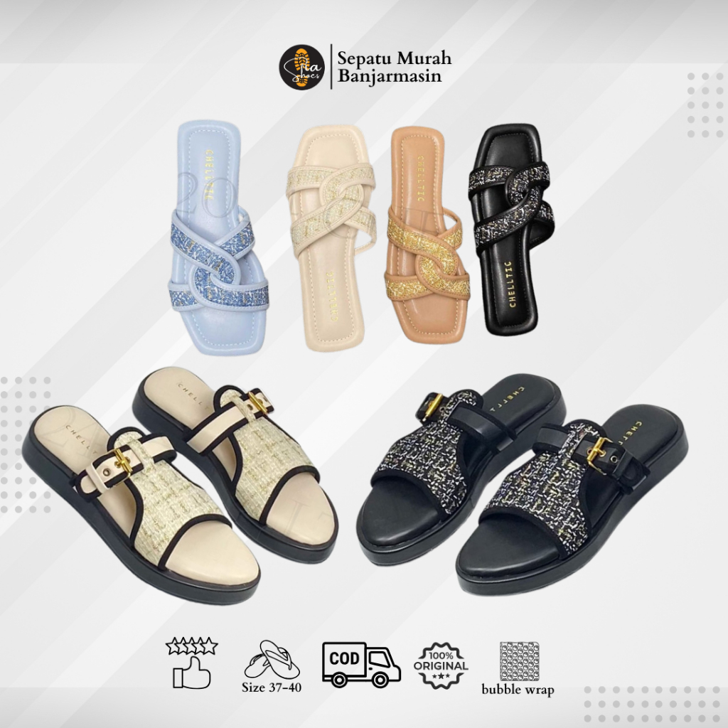 SANDAL CHELLTIC TEPLEK & WEDGES / SANDAL TEPLEK RAJUT SILANG WANITA / Wedges Tali Gesper Slip On