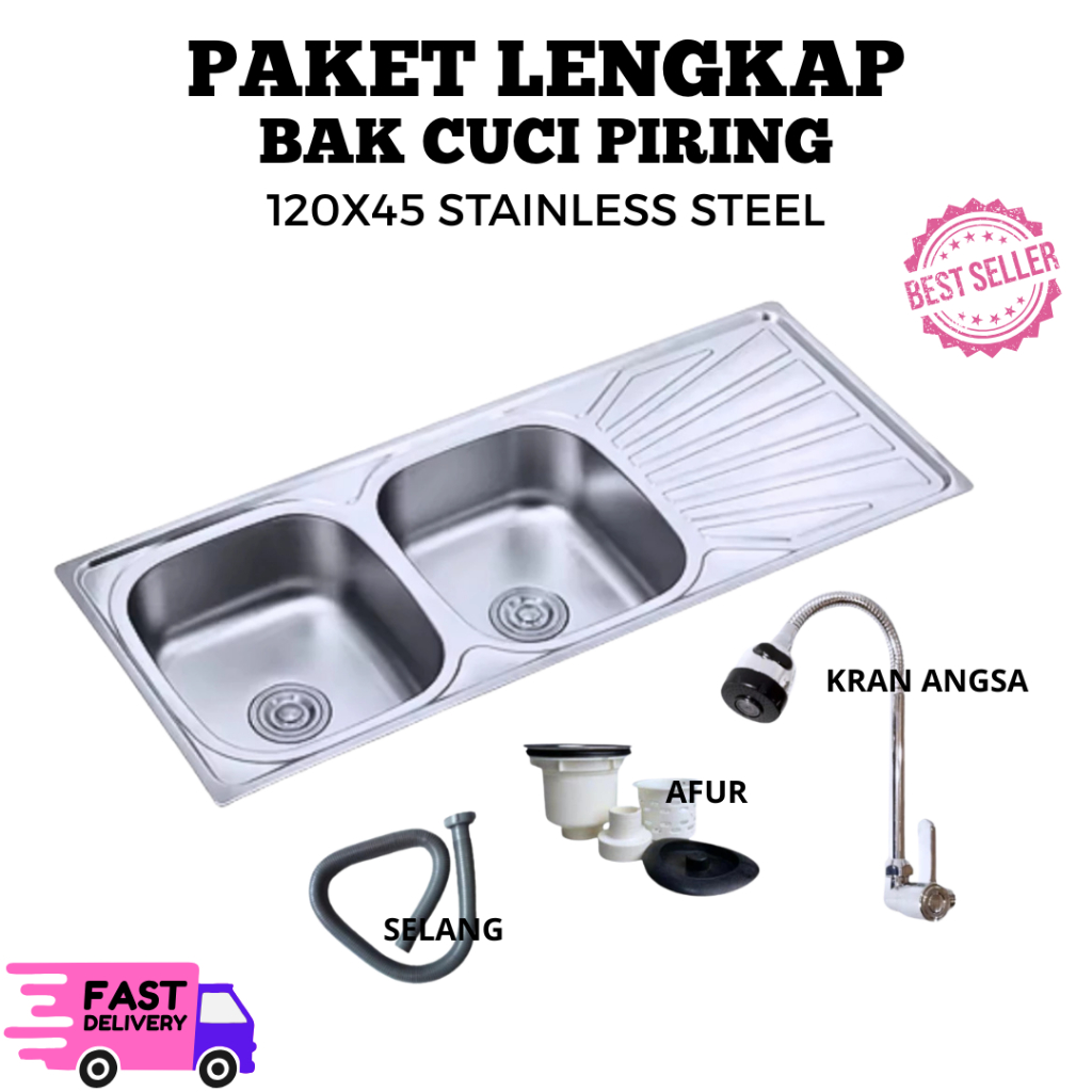 Bak Cuci Piring Stainless steel / Wastafel Dapur 2 Lubang Sayap 120x45 Cm GRATIS Selang + Afur + Kra