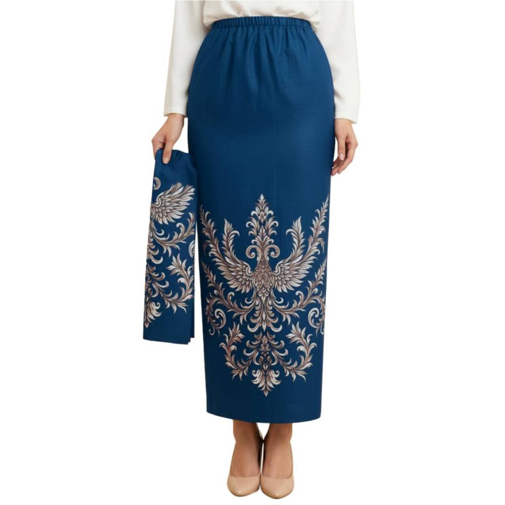 Mamamini - Rok Span Batik Furing + Selendang Bawahan kebaya wanita Katun Warna Biru Emerald Blue Tea