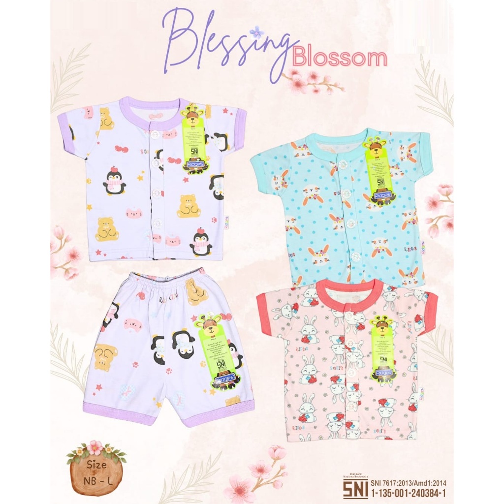 Setelan Baju Bayi Pendek Panjang Kancing Depan RIDGES Blessing Blossom Newborn - 1 tahunan SNI / Piy