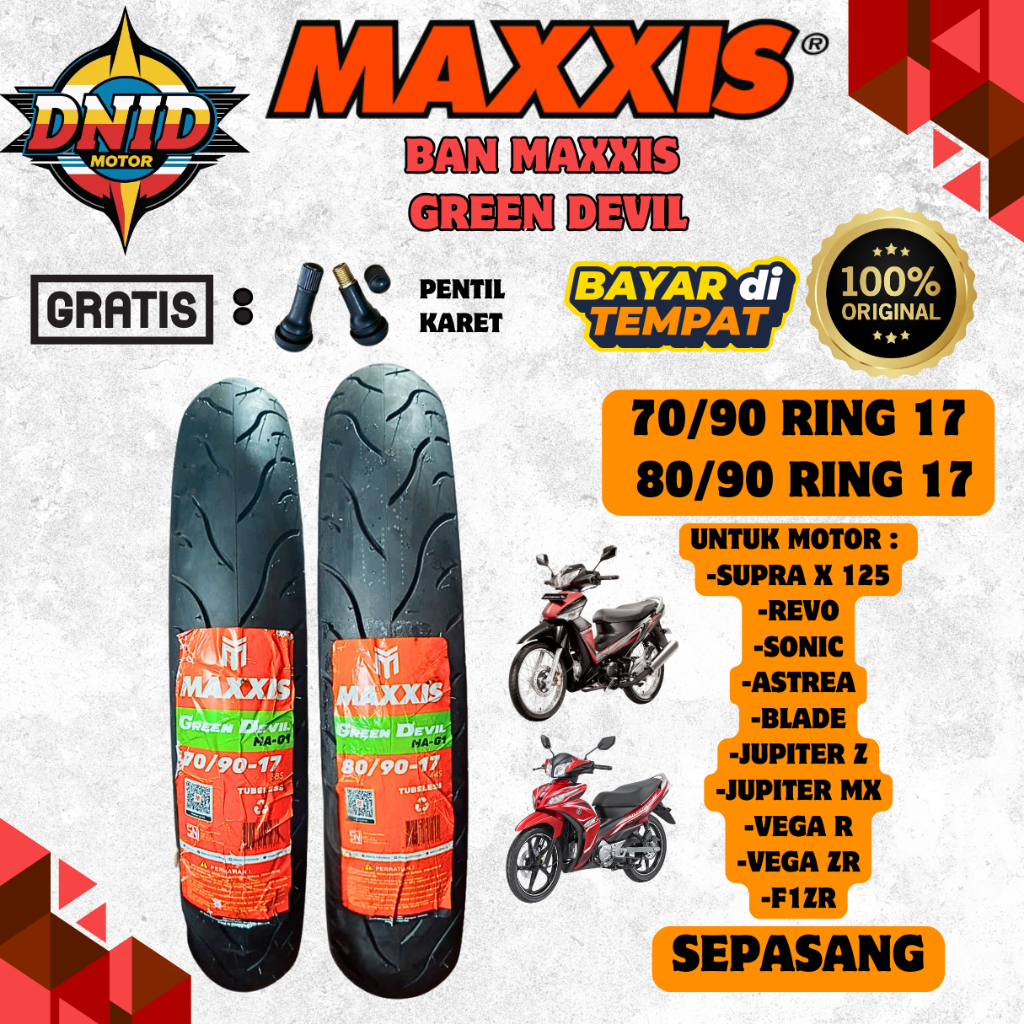 PAKET SEPASANG TERMURAH BAN MAXXIS GREEN DEVIL TUBELESS RING 17 ( 70/90-17 / 80/90-17 ) BAN MOTOR MA