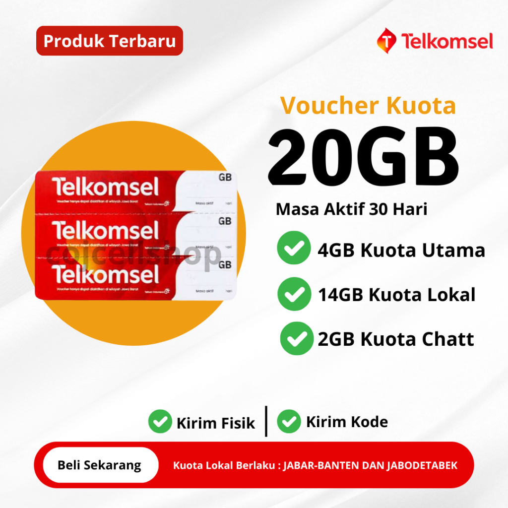 Voucher Kuota Telkomsel 20GB Masa Aktif 30 Hari JABODETABEK - JABAR