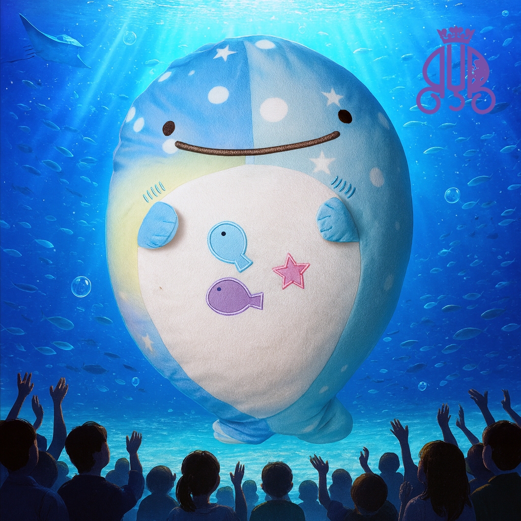 Boneka karakter ikan paus Jinbe-san gradasi pelangi