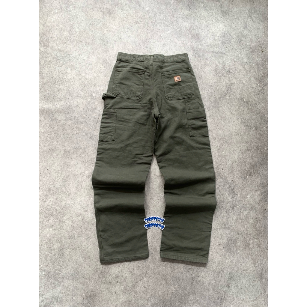 Carhartt 2010s B111 Mos Green Carpenter duck flanel lined pants dungaree fit