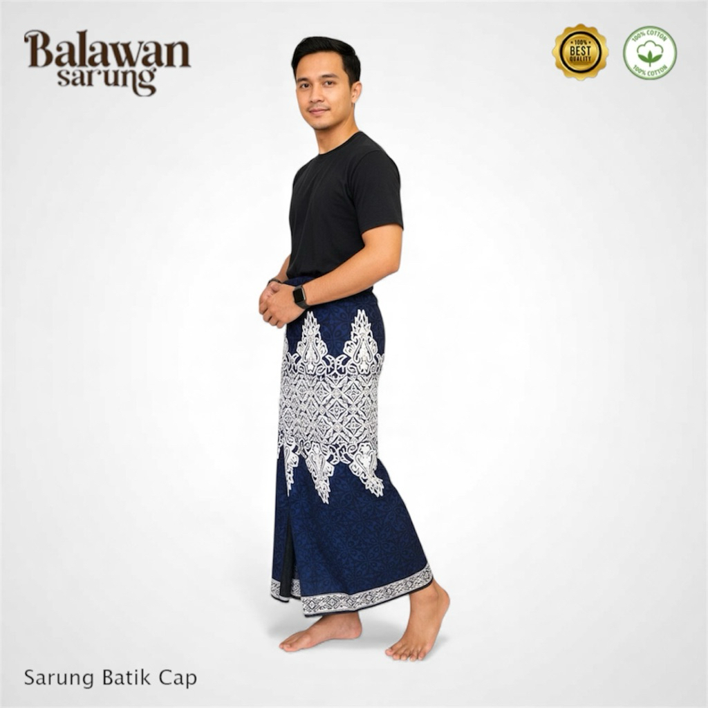 Sarung Batik Cap Pekalongan Katun Premium Motif Biru Putih Gus Iqdam