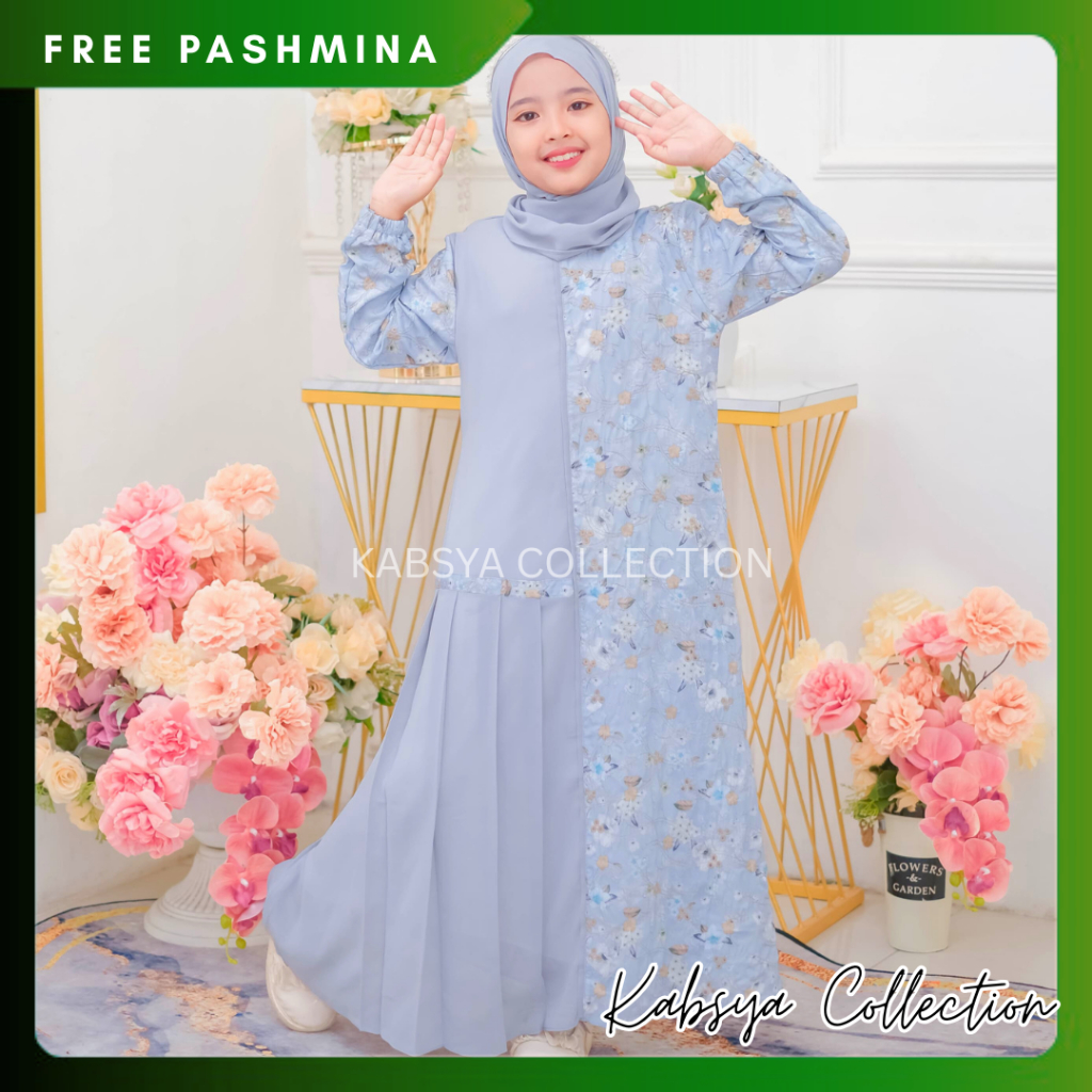 Instant COD Baju Gamis Anak Perempuan MADINA Bahan Ceruti BabyDoll Free Pashmina / Baju Ngaji Anak P