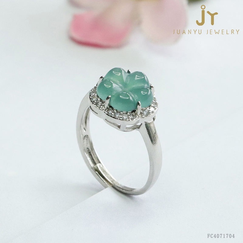 Cincin giok wanita Jadeite Flower ukuran RIng bisa disesuaikan