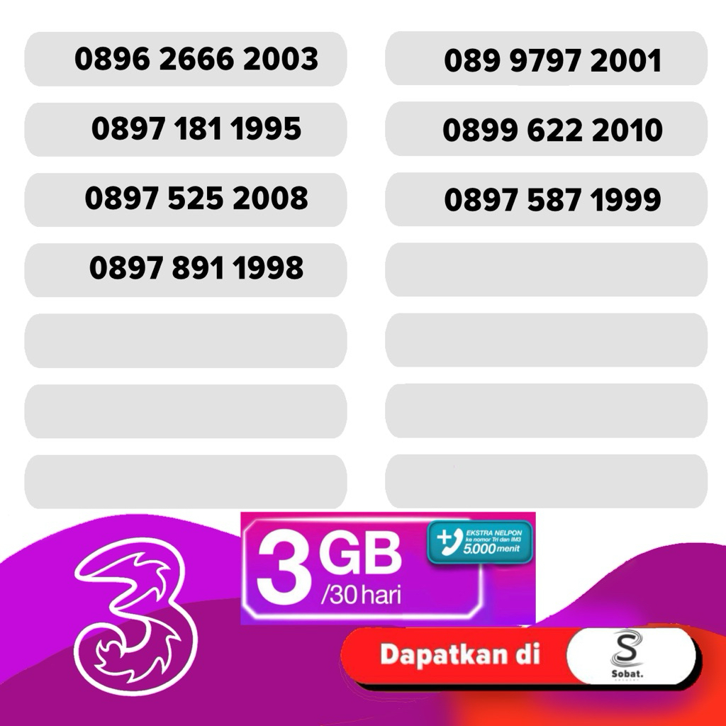 Kartu Perdana Nomor Cantik Tri Seri Tahun