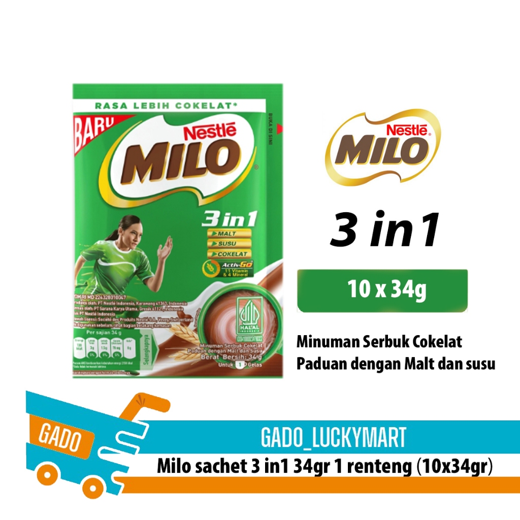 Milo 3 in 1 coklat bubuk 34gr sachet 1 renteng/ milo bubuk coklat sachet renceng 10pcs