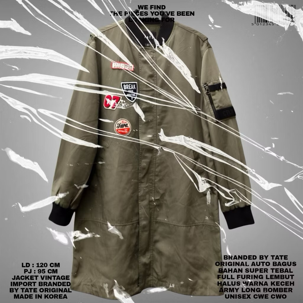 TATE ORIGINAL JACKET ARMY UNISEX KOREAN LOOK LONG BOMBER PREMIUM/ARMY LONG BOMBER JACKET KOREAN STYL