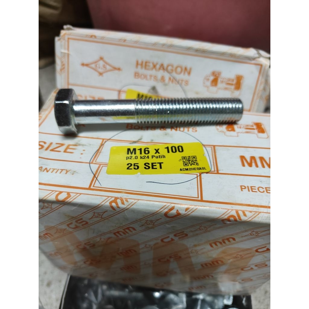 baut mur m16x100 mm kunci 24 drat pitch 2.0 galvanis / baut kepala kunci m16x100 mm kunci 24 drat pi