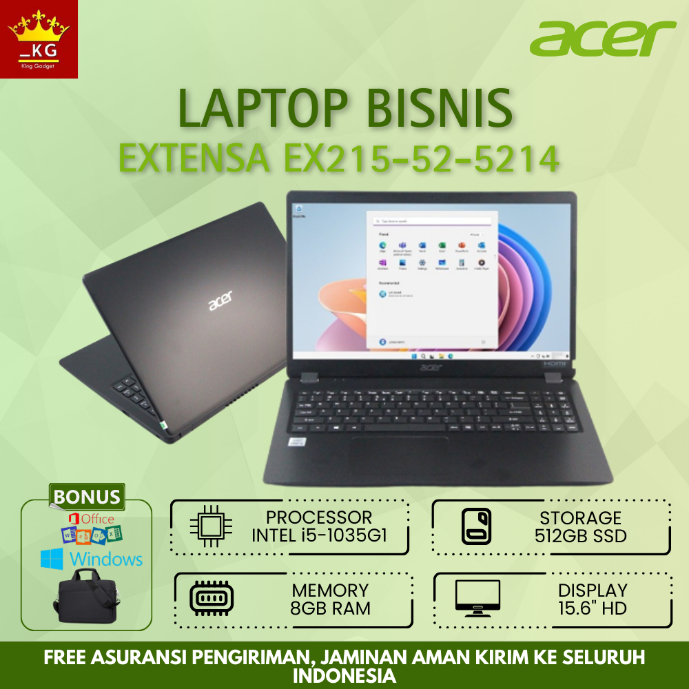 LAPTOP ACER EXTENSA EX215-52-5214 INTEL CORE i5-1035G1 SSD 512GB RAM 12GB LAYAR NUMLOCK 15.6"
