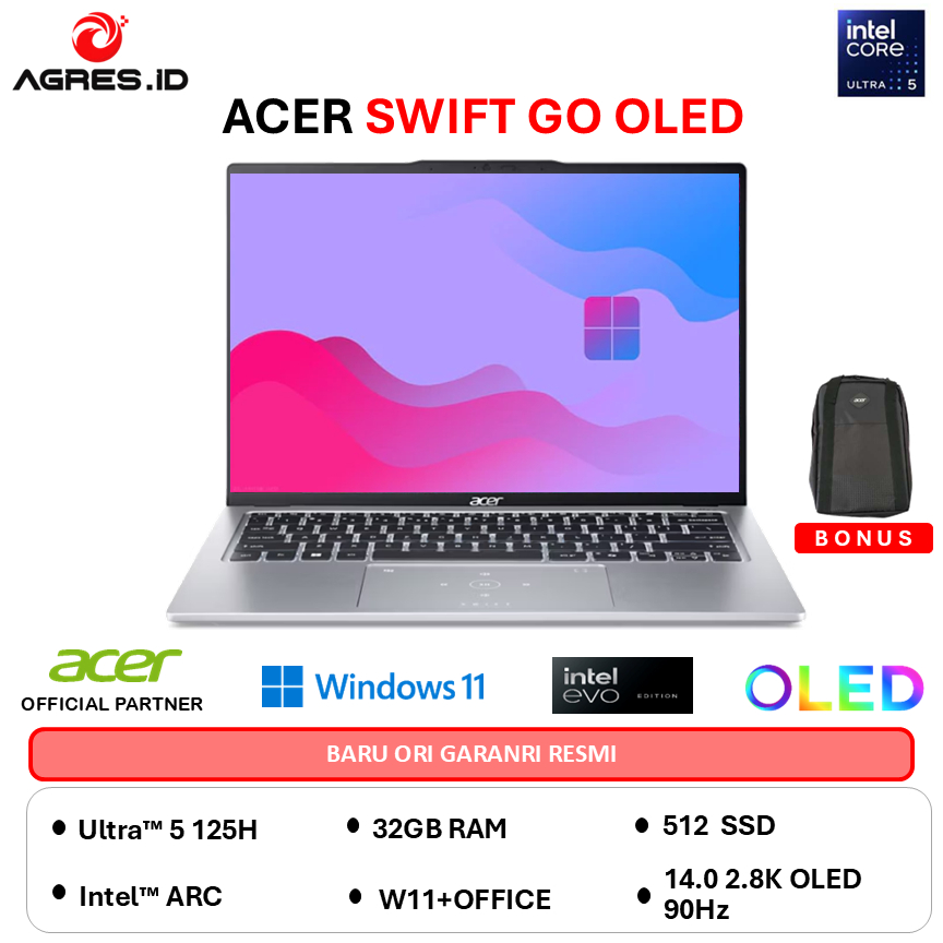 ACER SWIFT GO OLED SFG14 ULTRA 5 125H 32GB 512GB W11+OHS 14.0 2.8K 90HZ EVO 2Y+ADP SLV -73.56A7