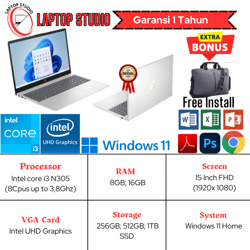 Laptop Baru HP 15 Intel Core i3 N305 (8cpus, up to 3.8GHz) SSD