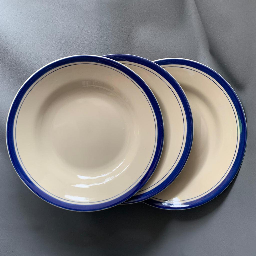 12 Pcs Piring Makan Keramik List Biru Lucky - Piring Bulat Keramik