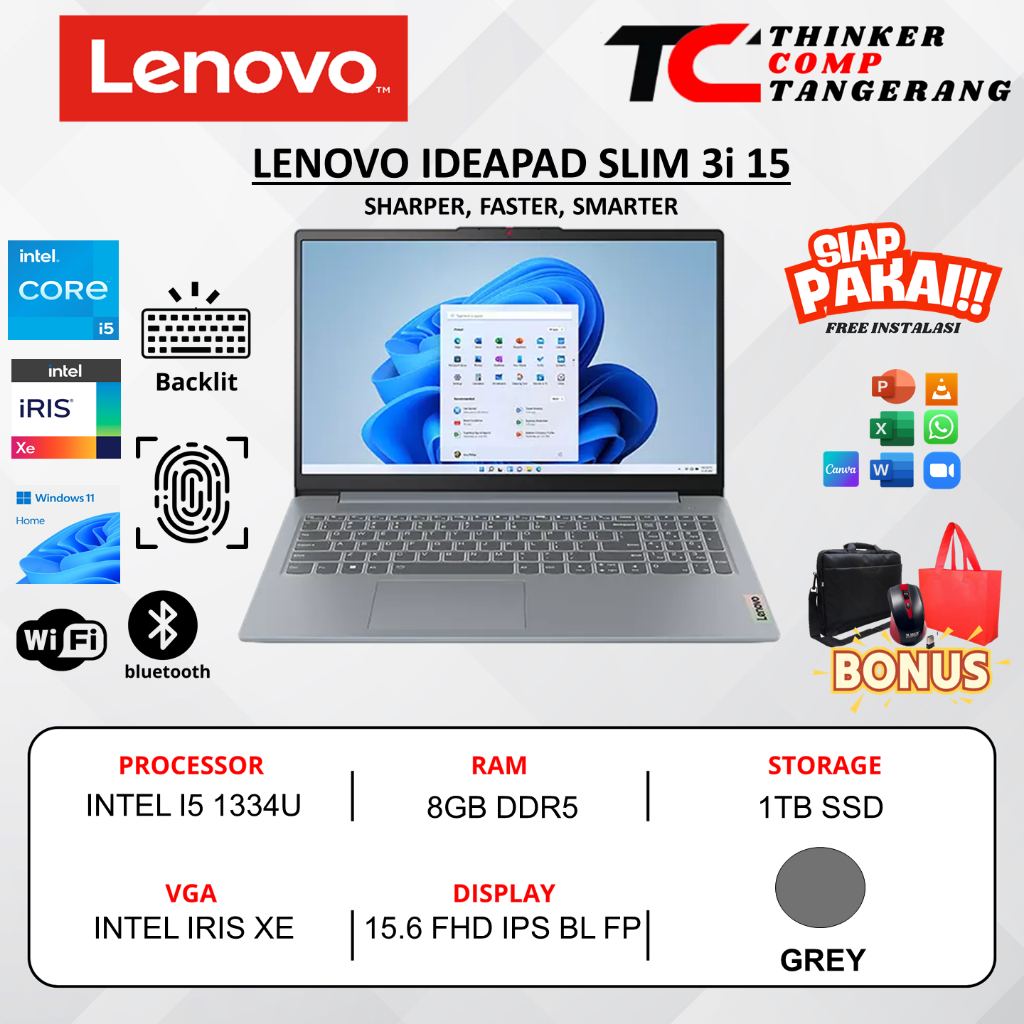 Lenovo Ideapad Slim 3i 15 Intel I5 1334U 8GB DDR5 1TB 15.6 FHD IPS BL FP Touch Win11Home