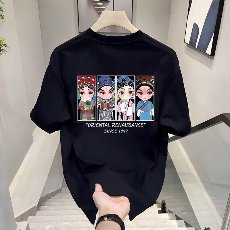 Kaos Pria Lengan Pendek Hitam Desain Wayang Cina Kartun & Teks "Oriental Renaissance" - Kaos Katun S