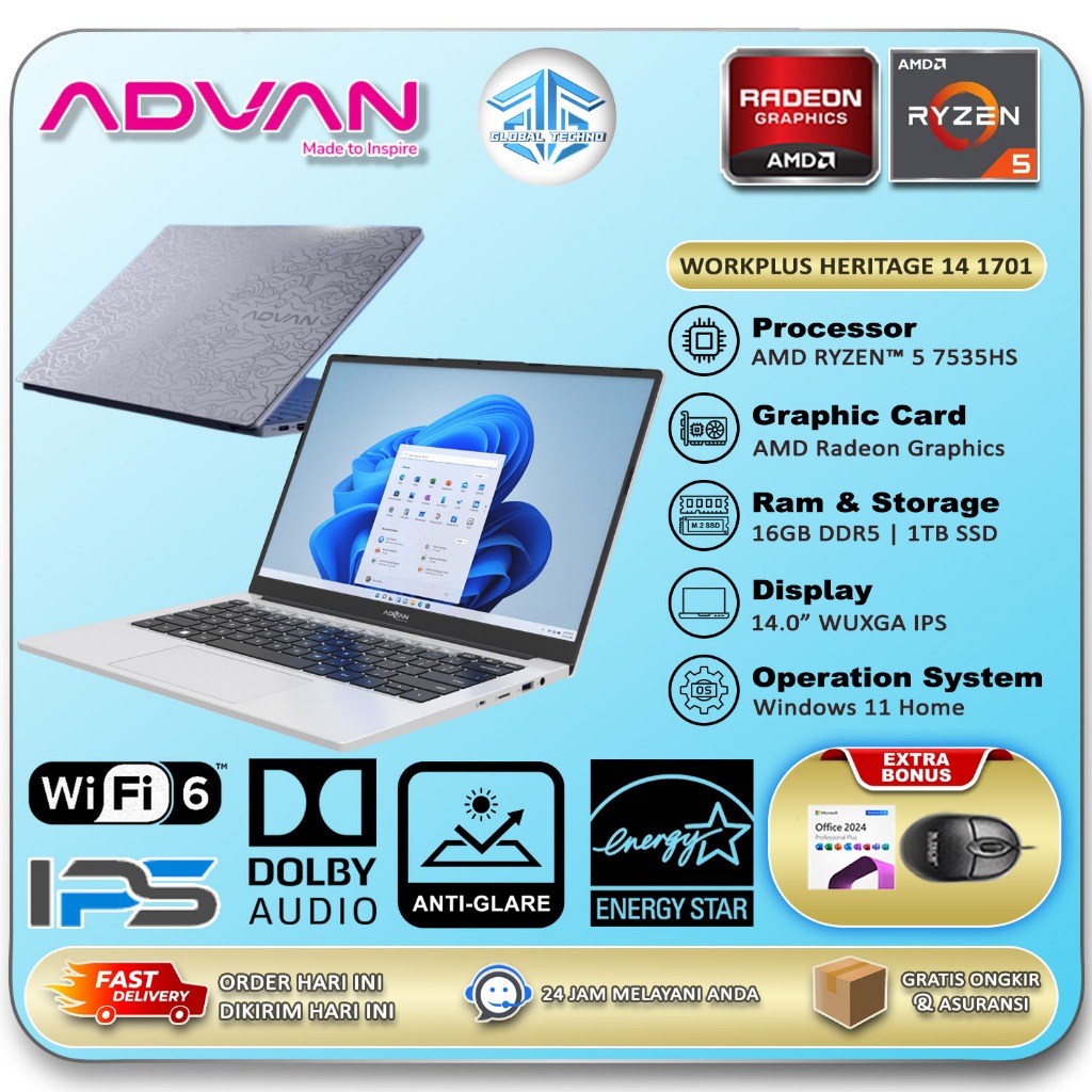 Advan Workplus Heritage 14 1701 BATIK Amd Ryzen 5 7535HS 16GB DDR5 2TB 14.0" Wuxga Win11Home