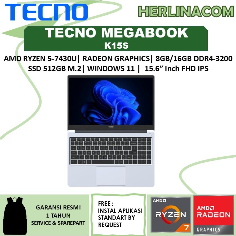 Laptop Tecno Megabook K15S Ryzen 5 7430 8GB/16GB 512GB SSD