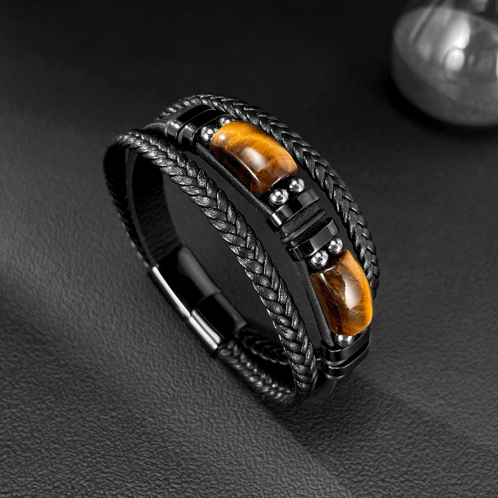 Gelang kulit pria retro harimau mata batu dihiasi kulit tenunan aksesoris mode