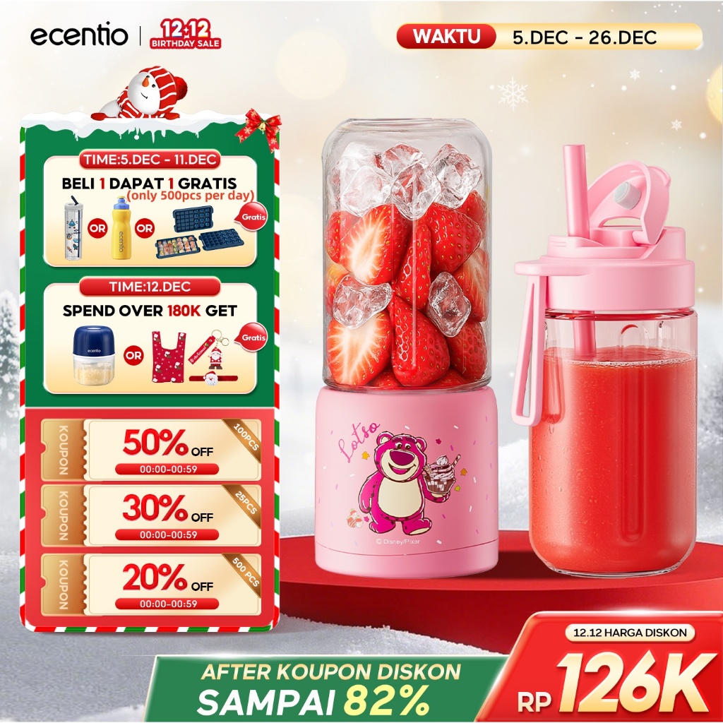 ecentio&Disney Losto Mini Juicer Blender Portable MPASI Portable 2 Kaca Gelas Food Grade Tahan Pecah