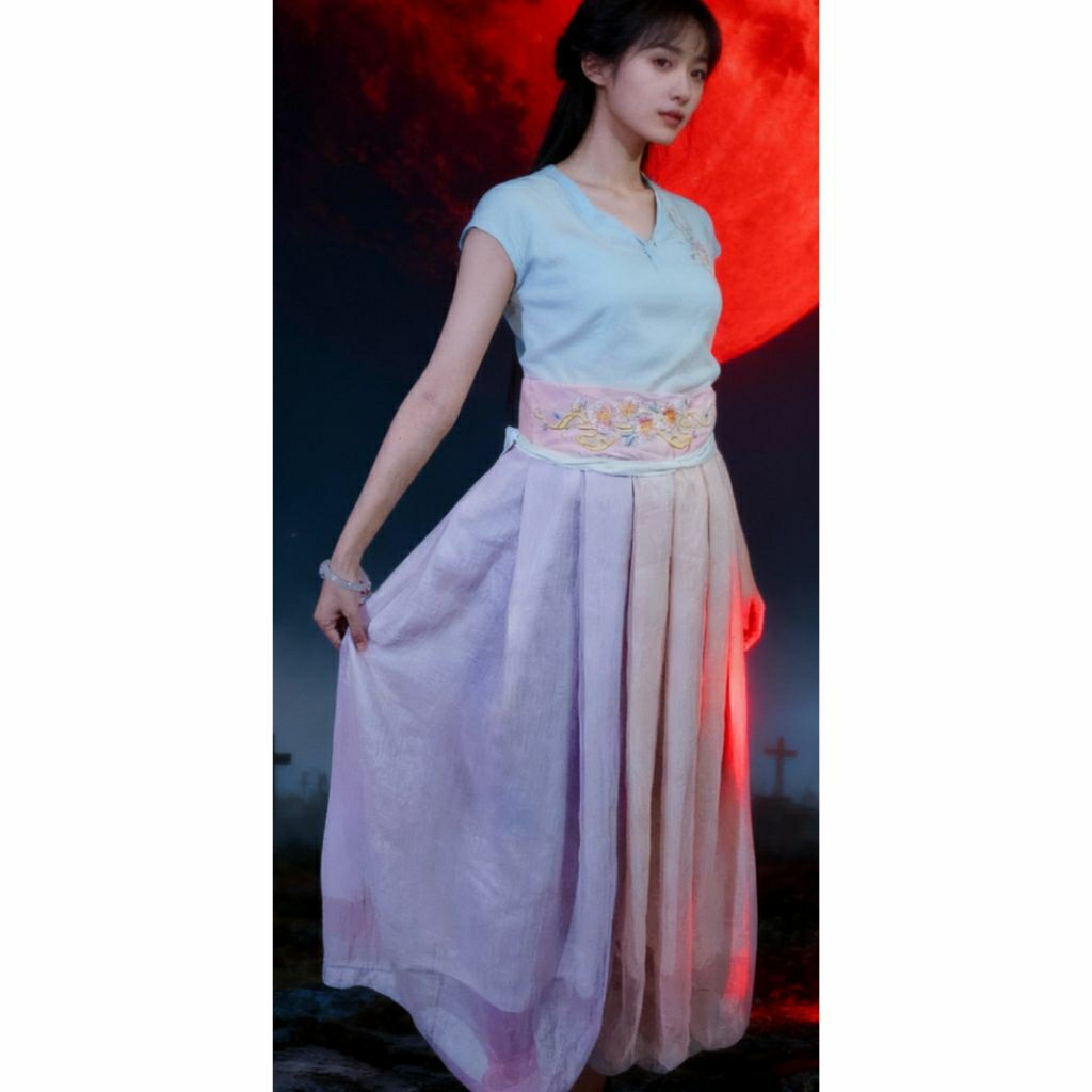 (NEW) HANFU MODERN SKIRT EMBROIDERY ROK LILIT BORDIR BUNGA PINK LILAC CHINESE STYLE ORI CHINA