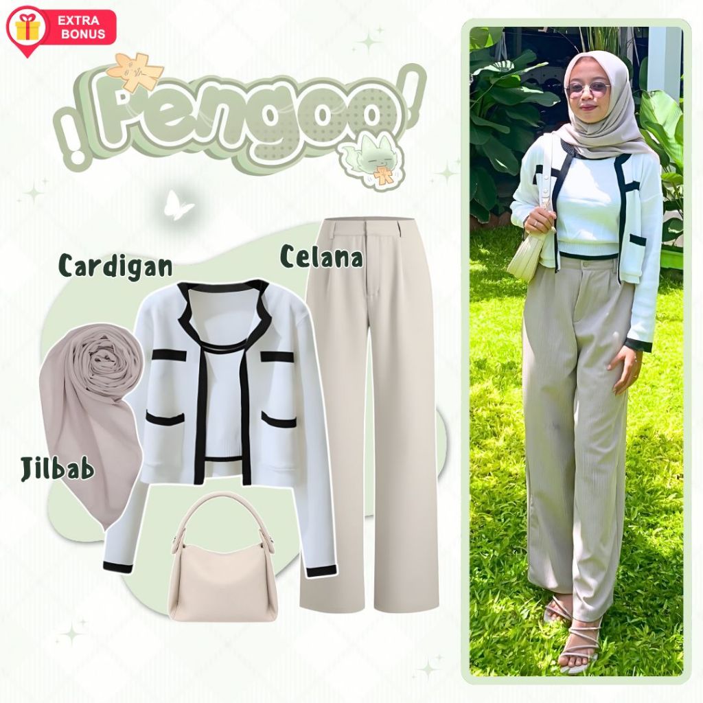 oneset 3in1 jilbab + cardigan + celana kulot | ootd outfit cewek wanita anak perempuan remaja hijab 