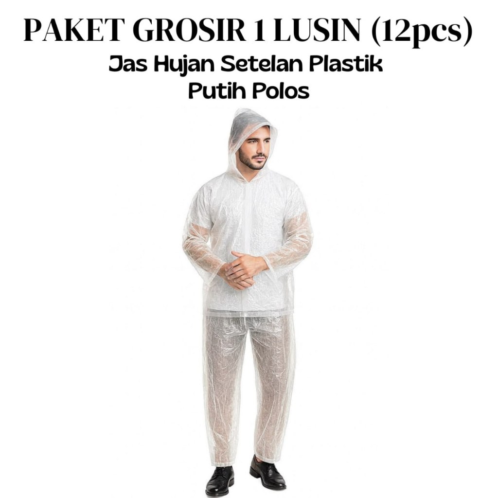 ISI 12 PCS Jas Hujan Setelan Jaket Celana Putih Lengan Panjang / Mantol Plastik Ekonomis