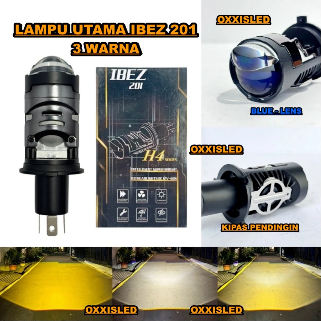 Lampu Utama H4 IBEZ 201 3 Warna All Wheather Kipas Pendingin Bluelens Mini Projector H4 IBEZ.
