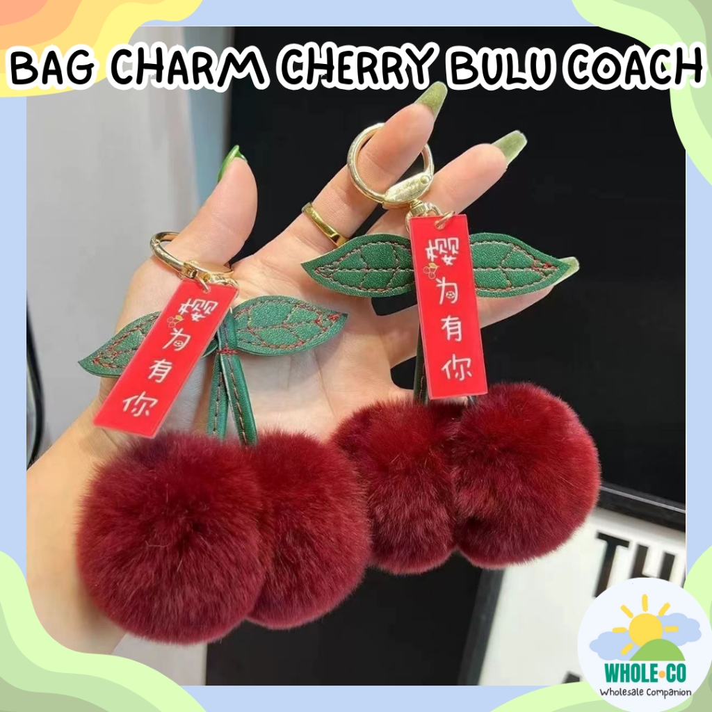 Gantungan Kunci Bag Charm Cherry Bulu Coach Premium Pom Pom Fluffy Lembut Manis Lucu Unik Imut Termu