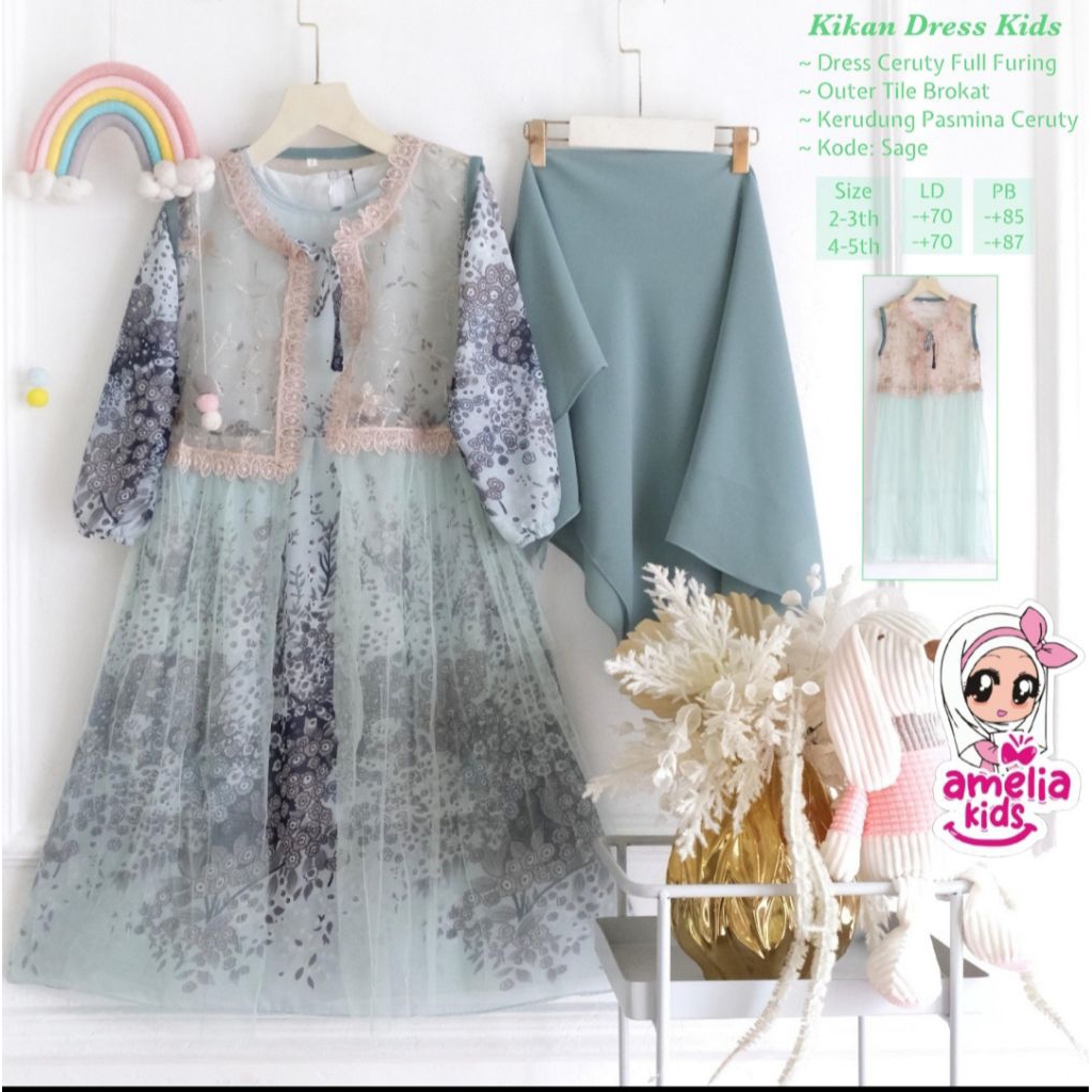 KIKAN / DELA  gamis anak ceruti mix tille free hijab