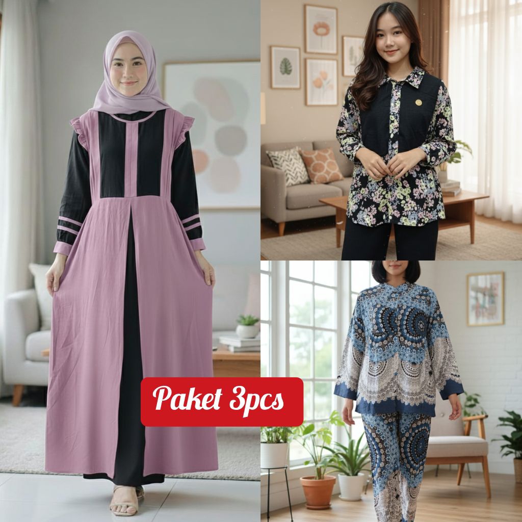 spesial promo hemat paket 3pcs//setelan celana, Gamis, setelan Rok, MIDI dress//paket 3pcs bahan ray