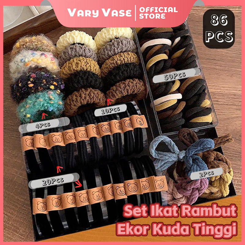 Vary Vase Set Ikat Rambut Ekor Kuda Tinggi 86 Pcs / Aksesoris Rambut Karet Gelang Bernilai Tinggi / 