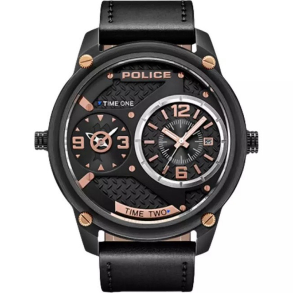 Jam Tangan Pria Police Dual Time Black Dial Black Leather Strap PL.15268JSB/02 Original