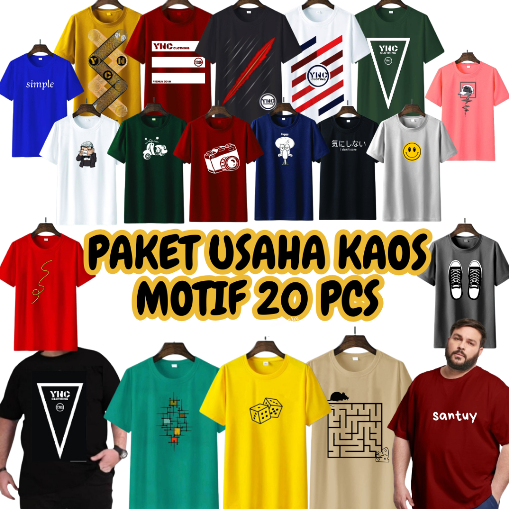 Paket Grosir 1 Kodi isi 20pcs Kaos Distro Motif pria wanita dewasa lengan pendek baju THR produksi
