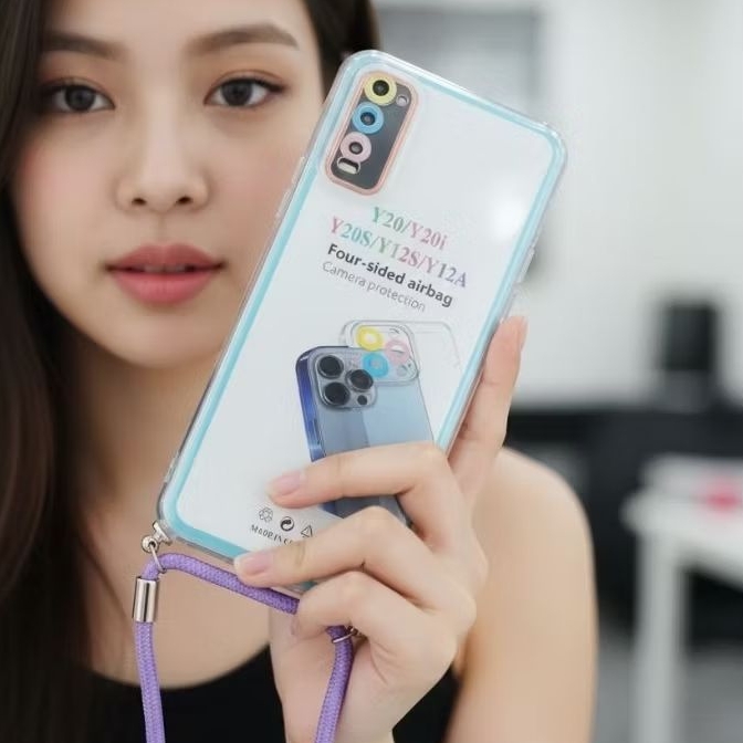 (03) FANCY STYLE  SOFT CASE FOR VIVO Y12S / Y20 / Y20A /  Y20S / Y20T - CLEAR LANYARD CASE + TALI GA