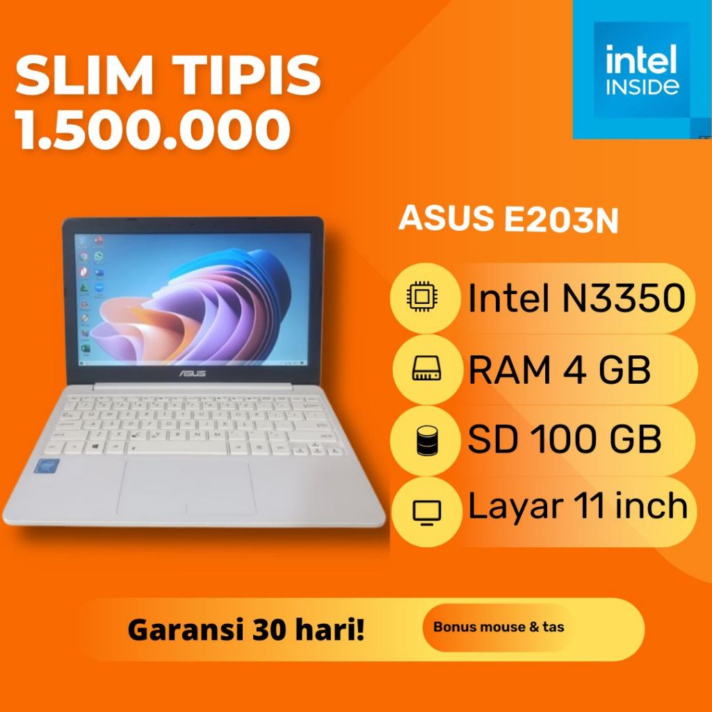 Notebook Asus Vivobook E203N White Slim Intel Celeron N3350 RAM 4GB Storage 100GB Windows 10 Tipis P
